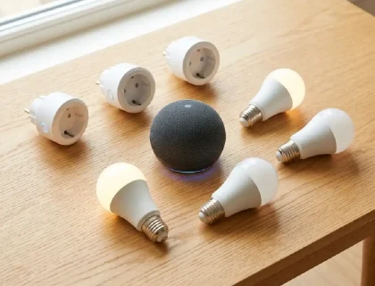 Smart plugs, smart bulbs, and a voice speaker arranged on a table as a budget home automation starter kit
