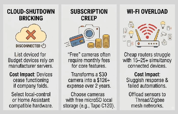 Three warning cards showing common budget smart home pitfalls: cloud-shutdown bricking, subscription creep, and Wi-Fi overload