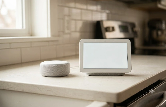 Amazon Echo Dot 5th Gen and Google Nest Hub 2nd Gen side by side on a kitchen counter