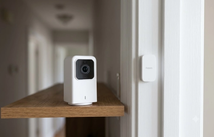 Wyze Cam v4 on a shelf next to Aqara P2 door sensor mounted on a white door frame