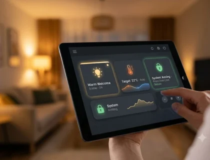 Smart home dashboard showing automated lighting, climate, and security controls on a tablet screen
