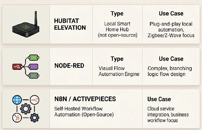 Three alternative automation platforms: Hubitat, Node-RED, and n8n compared by type and use case