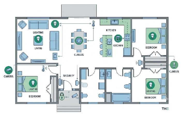Floor plan diagram showing smart device placement for lighting, climate, security, and kitchen automation