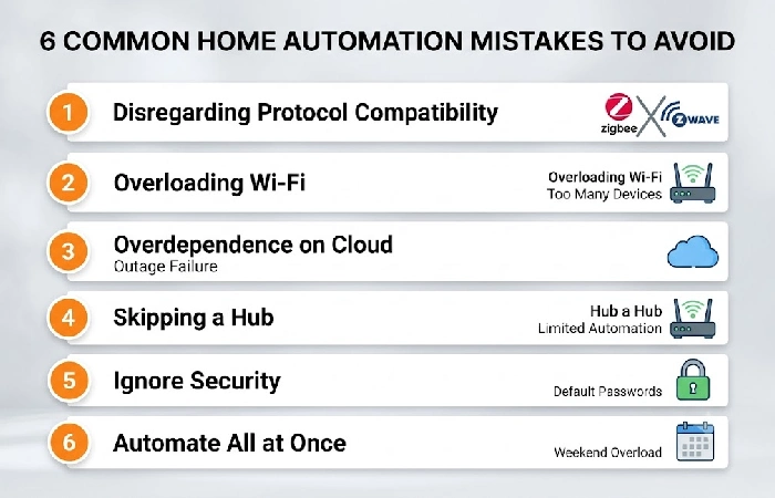 Numbered checklist of six common home automation mistakes including protocol mixing and Wi-Fi overload