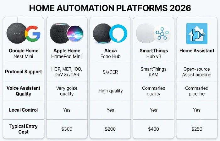 Side-by-side logos and feature summary for Google Home, Apple Home, Alexa, SmartThings, and Home Assistant