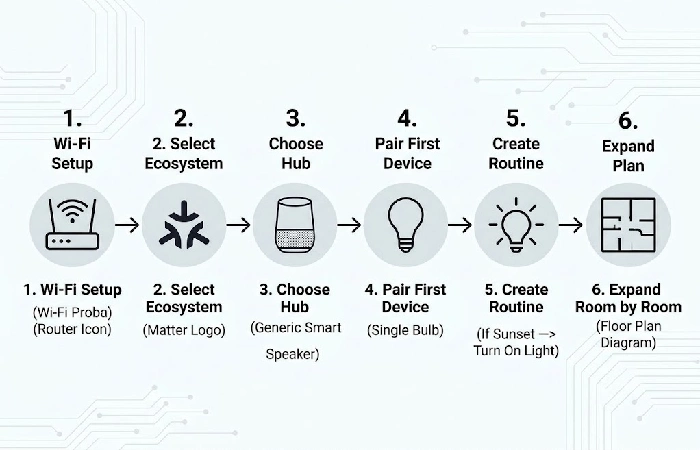 Six-step workflow diagram from Wi-Fi setup through room-by-room expansion for home automation beginners