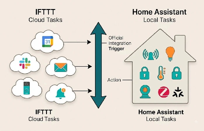 Workflow diagram showing which automation tasks to assign to IFTTT vs Home Assistant in a hybrid setup