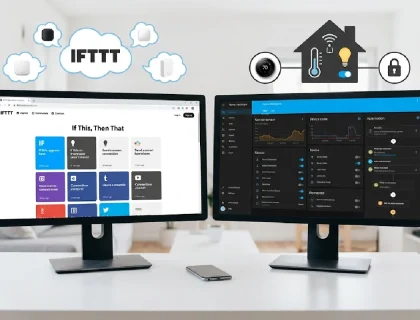 Side-by-side comparison of IFTTT cloud interface and Home Assistant local dashboard for home automation