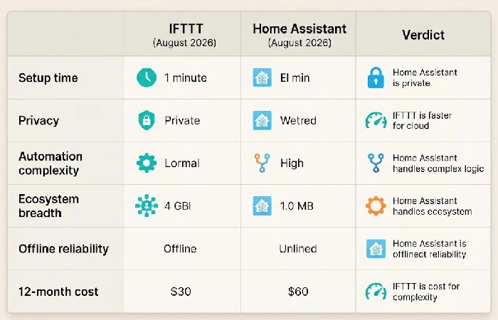 Six-factor comparison table of IFTTT vs Home Assistant on setup, privacy, cost, and reliability in 2026