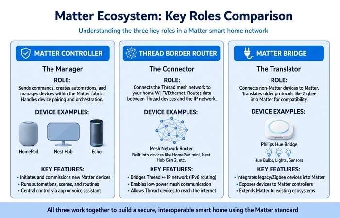 hree-column comparison showing Matter controller, Thread Border Router, and Matter bridge roles with device examples