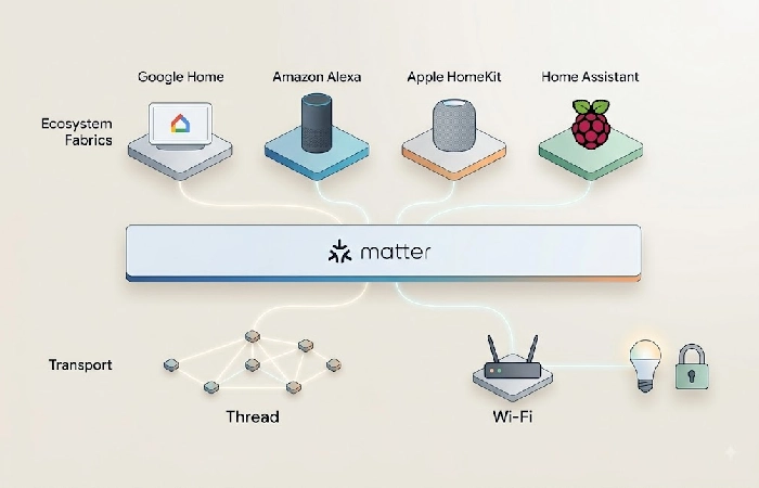 Diagram showing Matter protocol with Thread and Wi-Fi transport connecting four ecosystems