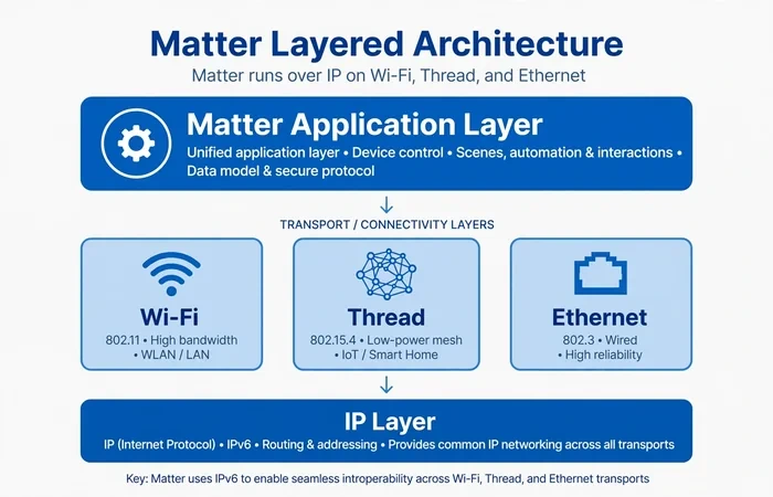 Layered diagram showing Matter application layer running over Wi-Fi, Thread, and Ethernet transport protocols