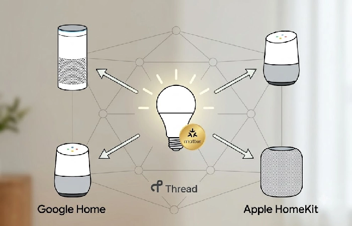 Matter diagram showing one certified smart device connecting to Alexa, Google Home, and Apple HomeKit through a Thread border router