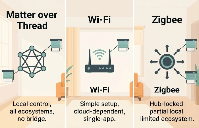 Diagram comparing Matter over Thread, Wi-Fi, and Zigbee smart blind protocols by offline capability and ecosystem support