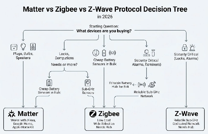 Flowchart showing which smart home protocol to choose based on device type and budget