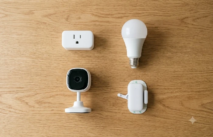 Flat lay of smart plug, smart bulb, security camera, and SwitchBot Bot on a wooden table