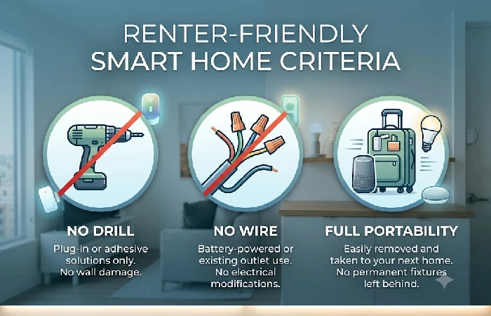 Infographic showing three renter-friendly device criteria: no drill, no wire, full portability