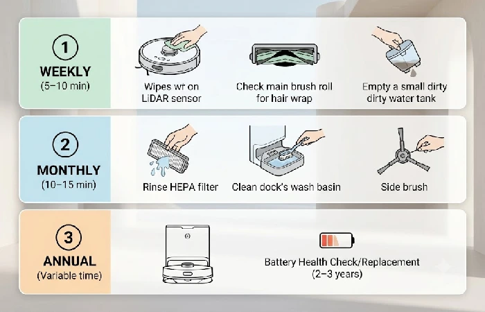 Weekly, monthly, and annual robot vacuum maintenance checklist with time estimates