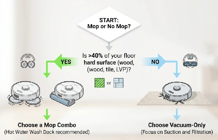 Flowchart helping readers decide between robot vacuum with mop or vacuum-only model