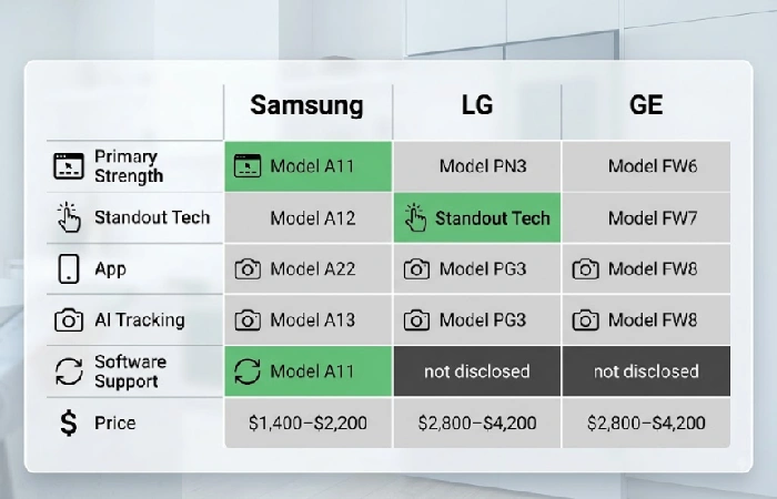 Comparison chart of Samsung Family Hub, LG InstaView, and GE Profile smart refrigerators across six attributes
