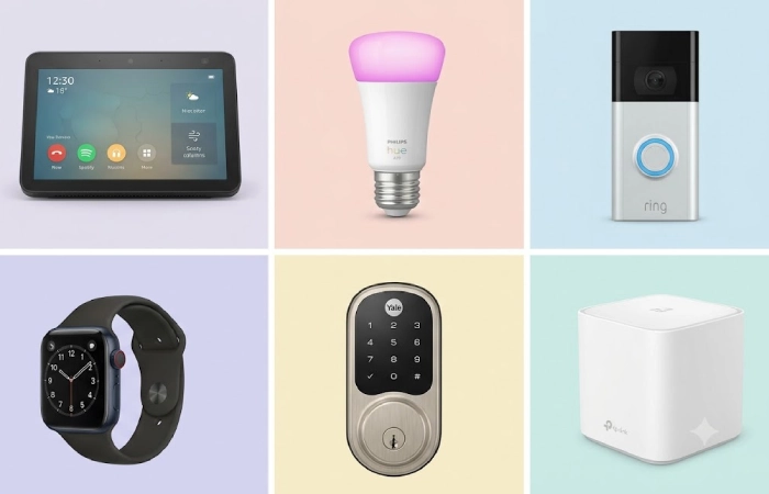 Grid of 7 smart home devices for seniors: Echo Show, Hue lights, Ring doorbell, Apple Watch, Yale lock, Hero dispenser, TP-Link mesh