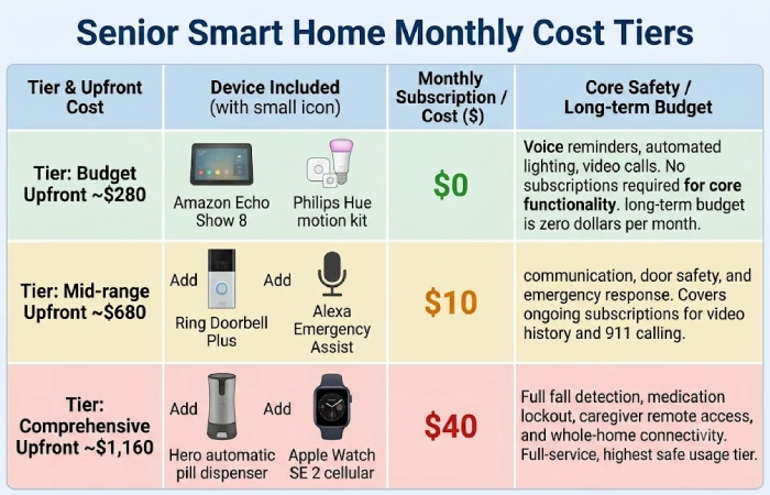 Three cost tiers for senior smart home: budget at 0 p e r m o n t h , m i d − r a n g e a t 0permonth,mid−rangeat10, comprehensive at $40