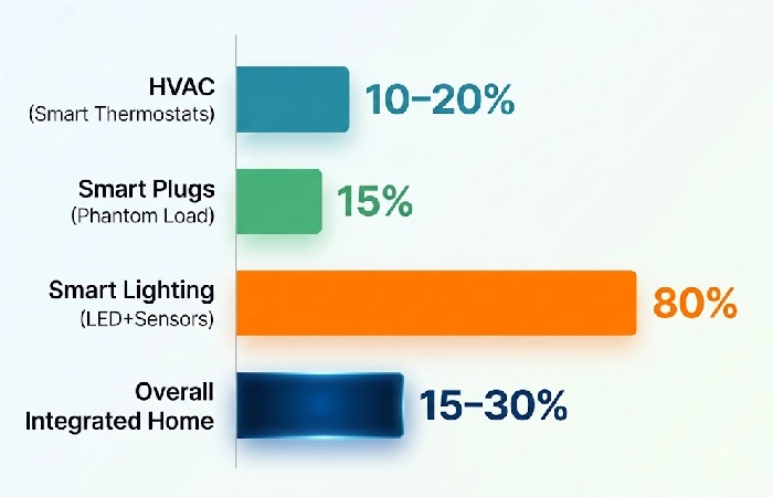 Bar chart showing smart appliance energy savings: HVAC 10–20%, plugs 15%, lighting 80%, overall 15–30%