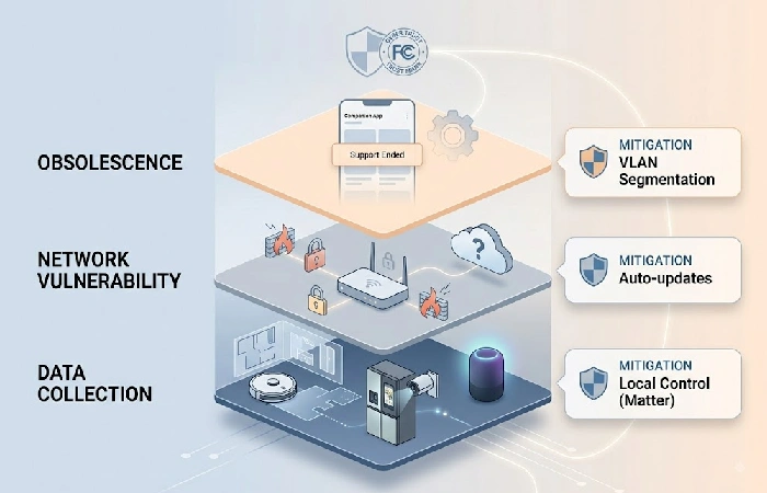 Three smart appliance risk layers — data collection, network vulnerability, obsolescence — with mitigations