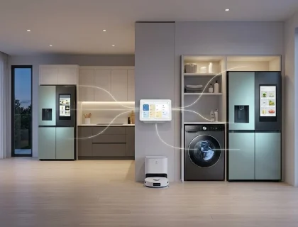 Smart kitchen, laundry, and cleaning appliances connected via a home hub in a modern household