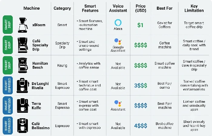 Comparison chart of seven smart coffee makers and espresso machines rated by price, voice support, and app features