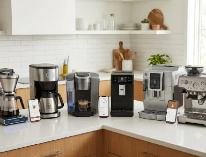 Seven smart coffee makers and espresso machines arranged on a kitchen counter with smartphone apps displayed