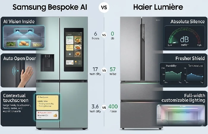 Feature comparison between Samsung Bespoke AI and Haier Lumière smart refrigerators for 2026