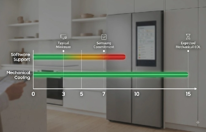 Timeline showing smart refrigerator software support window of 3 to 7 years versus mechanical lifespan of 10 to 15 years