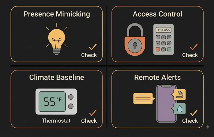 Away-mode automation checklist showing randomized lights, smart locks, climate baseline, and alert sensors