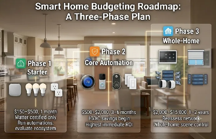 Three-phase smart home budget roadmap from starter to whole-home automation