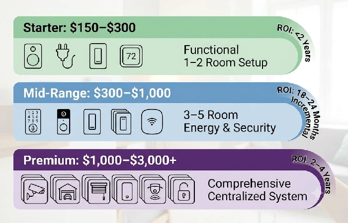 Three budget tiers for smart home setup: starter under 300, mid-range 300 to 1000, premium 1000 plus with ROI timelines