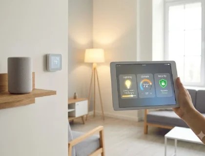 Smart home dashboard on a tablet showing connected lighting, thermostat, and security devices in a living room