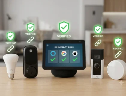 Smart home devices from multiple brands arranged around a central hub showing compatibility check icons