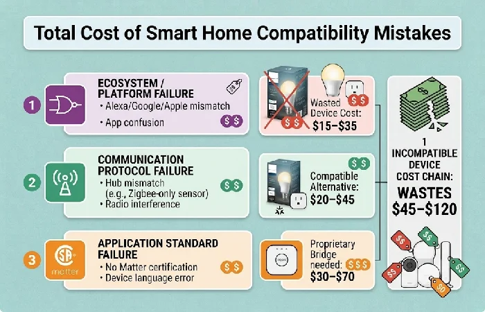 Cost breakdown infographic showing
45
t
o
45to120 wasted per incompatible smart home device purchase
