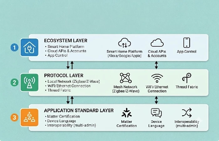 Diagram showing three compatibility layers: ecosystem, protocol, and application standard