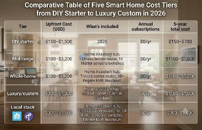 Comparison table of five smart home cost tiers from DIY starter to luxury custom in 2026