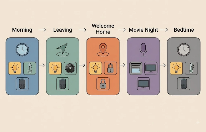 Flowchart showing five smart home routines across a daily timeline from morning wake-up to bedtime wind-down