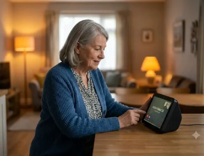 Senior using Amazon Echo Show on a kitchen counter with smart lights visible in the background