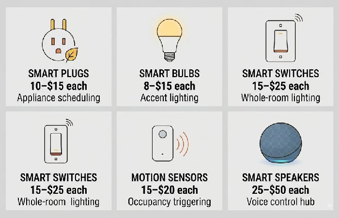 Grid showing five budget smart home device categories — smart plugs, smart bulbs, smart switches, motion sensors, and smart speakers — with prices