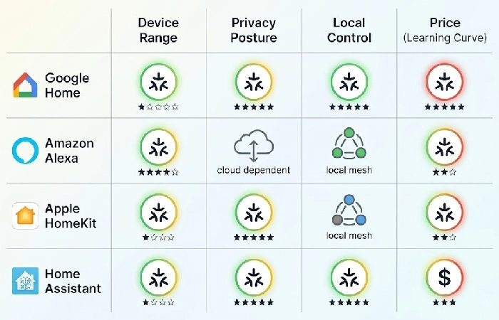 Comparison matrix scoring four smart home ecosystems on device range, privacy, local control, and price
