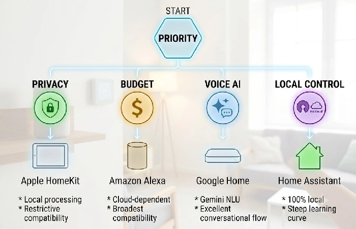 Flowchart comparing smart home ecosystem priorities: privacy for HomeKit, budget for Alexa, voice AI for Google Home, and local control for Home Assistant