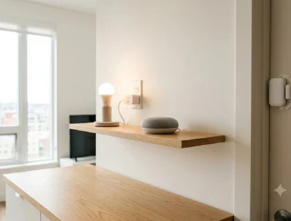 Renter-friendly smart home devices on a shelf in a modern apartment including smart plug, bulb, and speaker