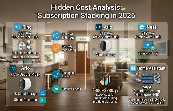 Infographic showing smart home subscription stacking costs for Ring, Nest, Arlo, and Home Assistant