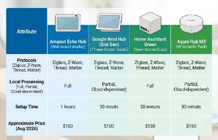 Comparison table of four smart home hubs showing protocols, local processing, setup time, and price for 2026