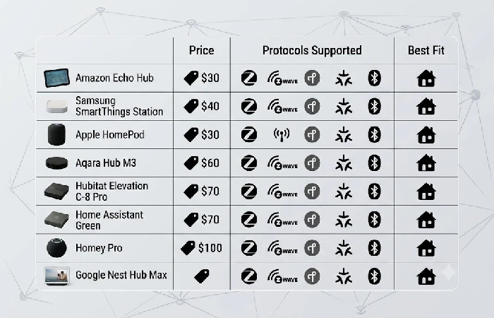 Comparison table of 8 smart home hubs by price, protocol, and fit